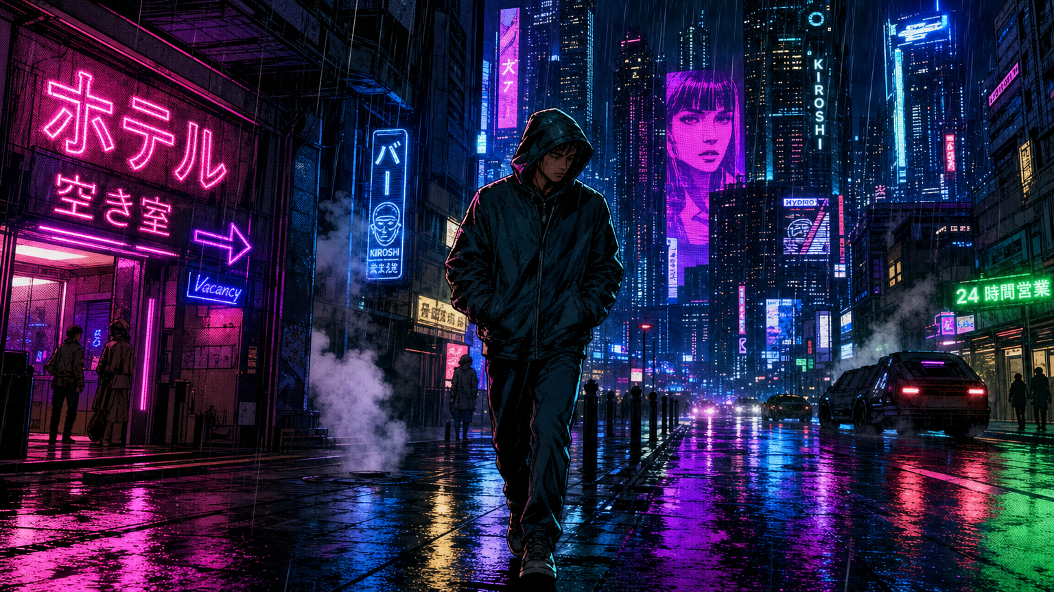AI comic book maker showcase with a cyberpunk night chase through a neon city alley