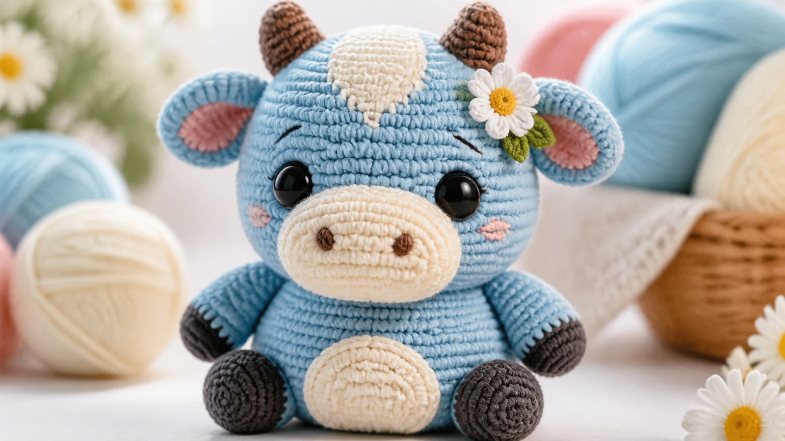 AI crochet patterns free idea showing a sky-blue amigurumi cow with daisy accessory