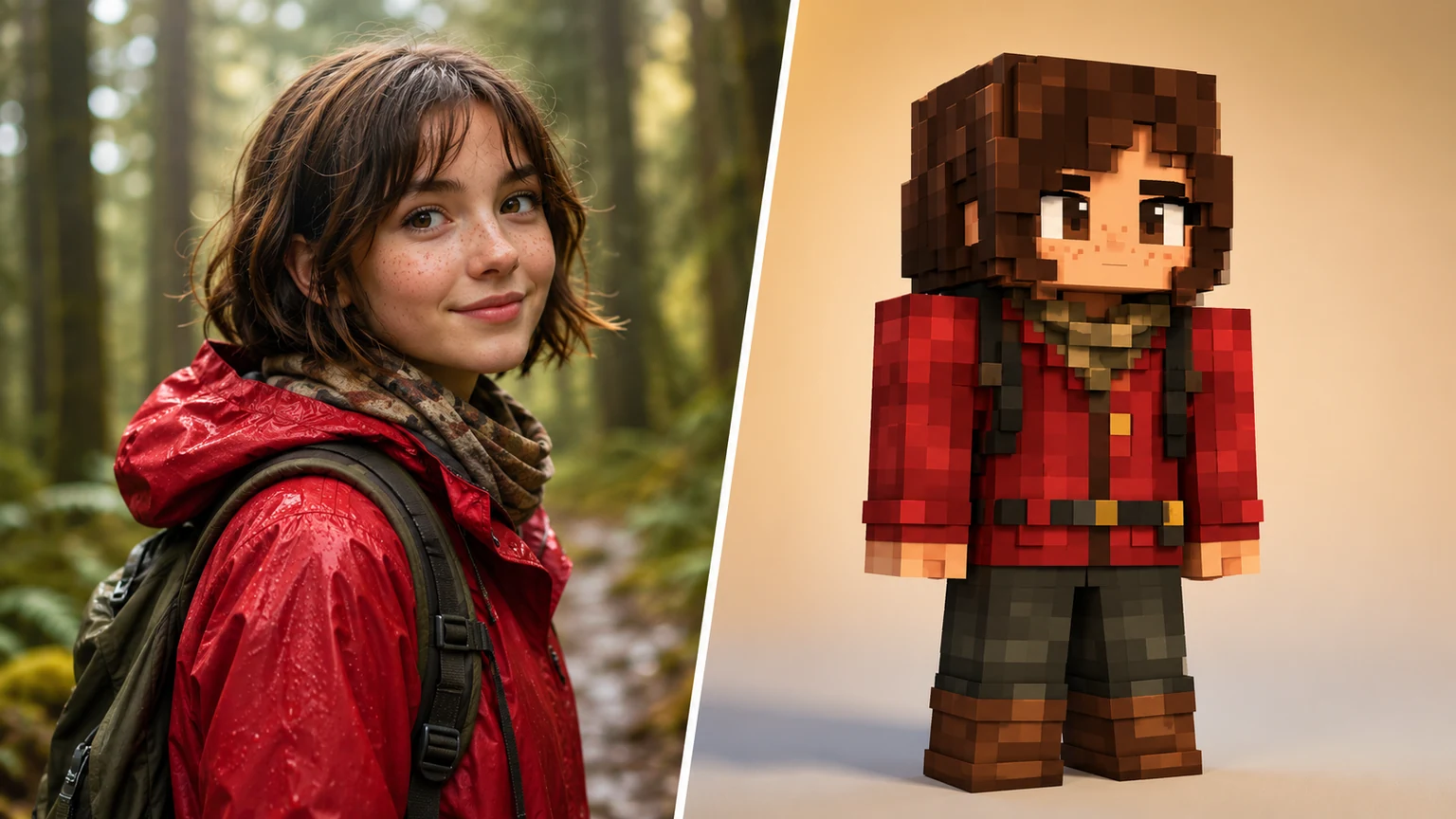 AI minecraft skin generator from image converting a red rain jacket forest portrait into an original voxel skin