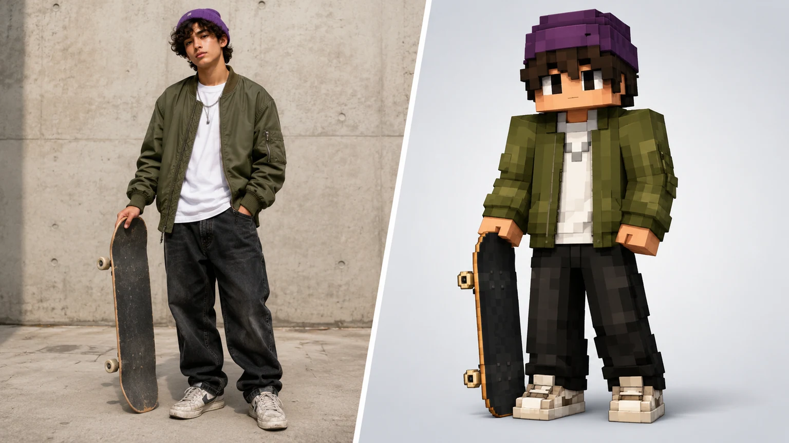 AI minecraft skin generator free example turning an original skateboarder outfit into a voxel skin preview