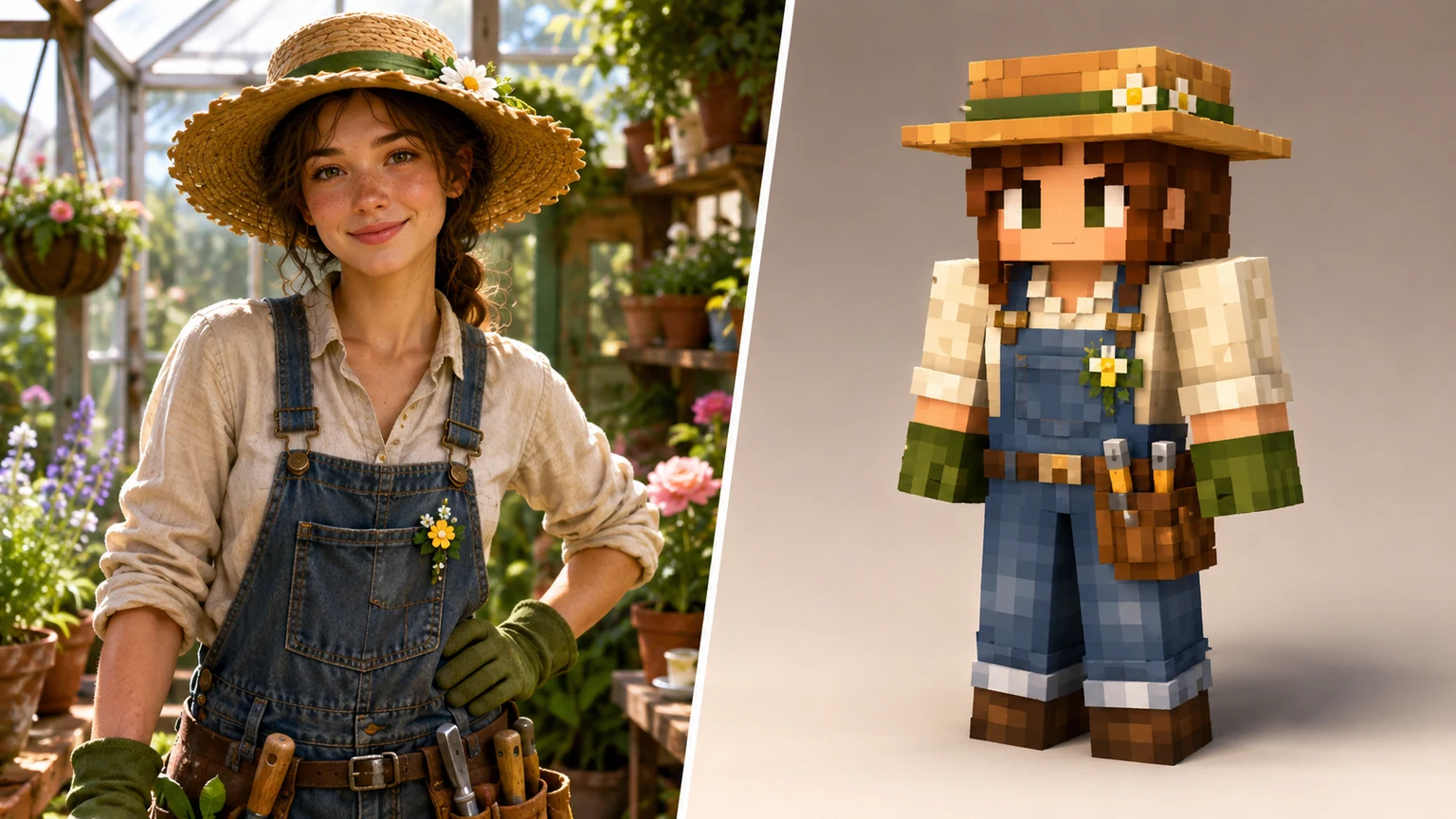AI minecraft skin generator game style example converting a greenhouse gardener into a blocky voxel skin