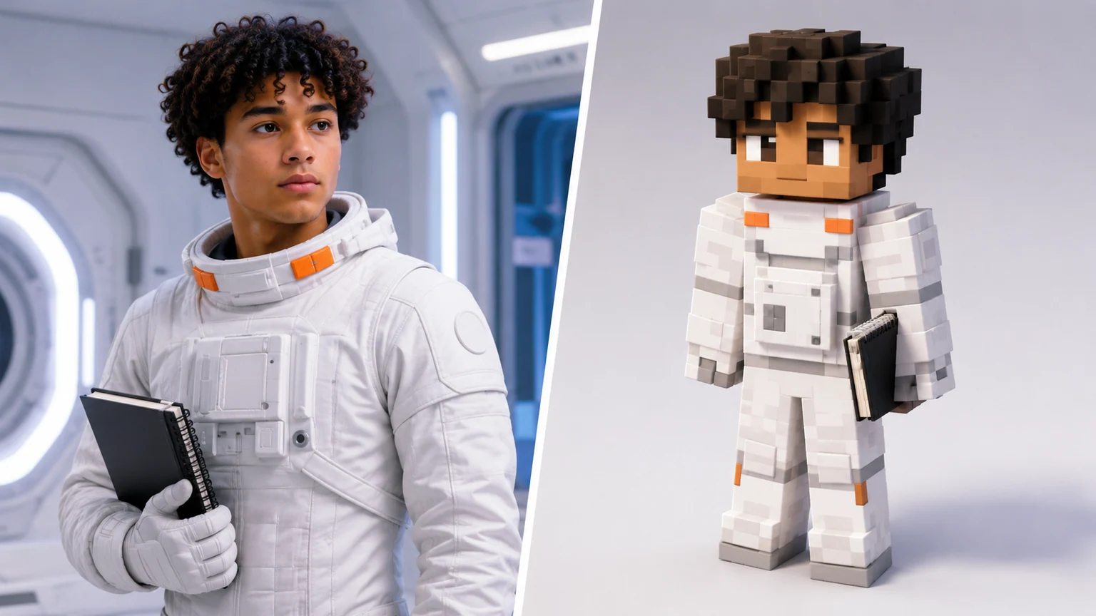 AI minecraft skin generator converting an original astronaut trainee reference into a white voxel skin preview