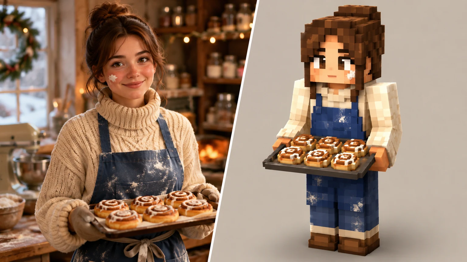 AI minecraft skin generator creating an original cozy baker voxel skin from a realistic bakery reference