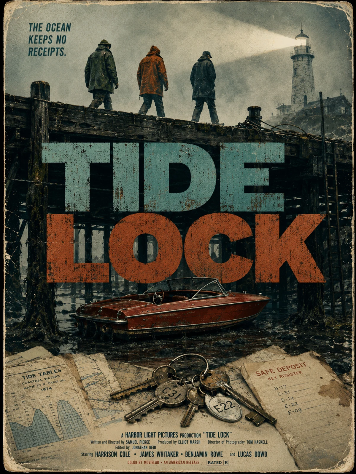 AI vintage movie poster generator example for the fictional heist film Tide Lock