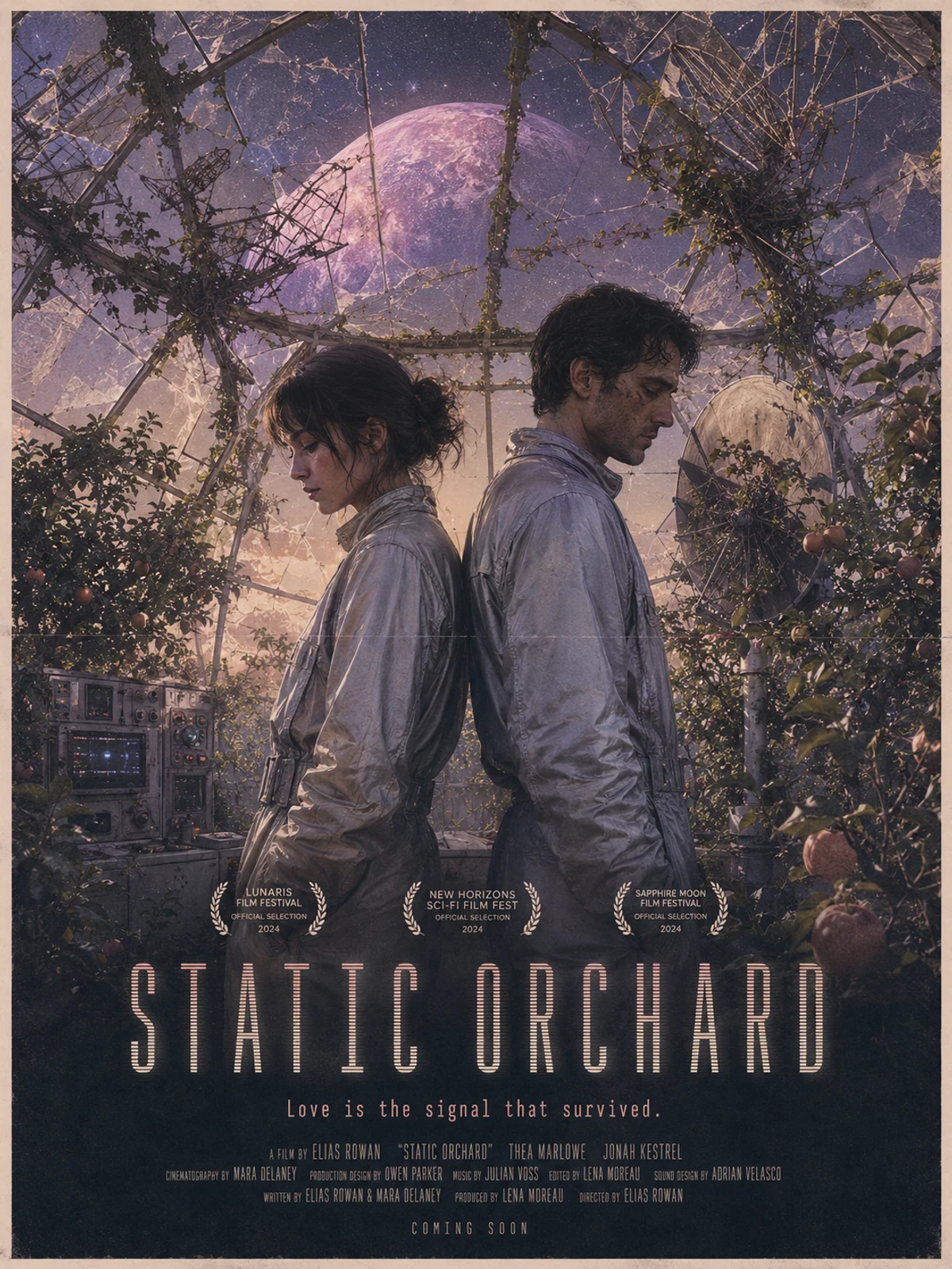 AI movie poster generator example for the fictional sci-fi romance Static Orchard