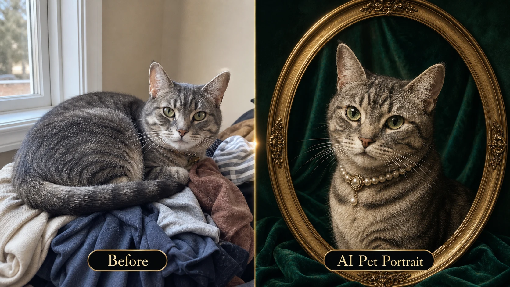 AI pet portrait generator comparison showing a gray tabby cat transformed into an emerald gallery portrait