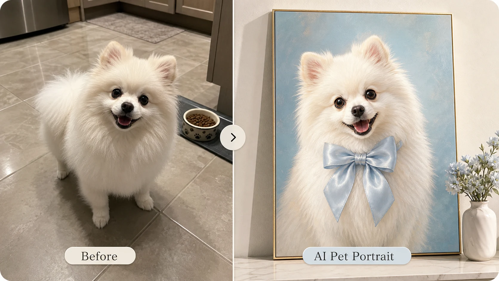 AI dog portrait example showing a white Pomeranian snapshot transformed into a pastel custom pet portrait