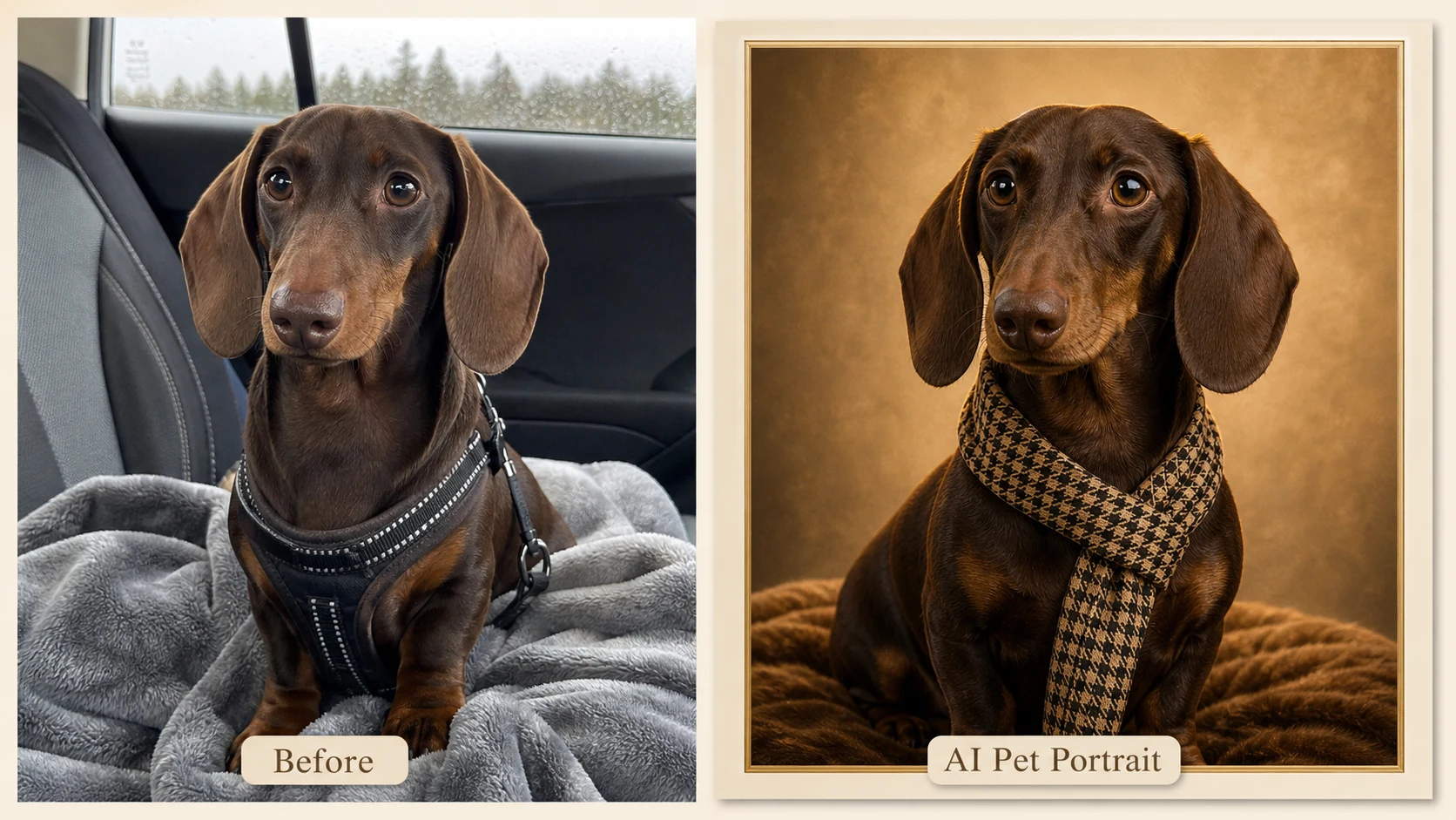 AI pet portrait generator example showing a dachshund transformed into a refined custom dog portrait