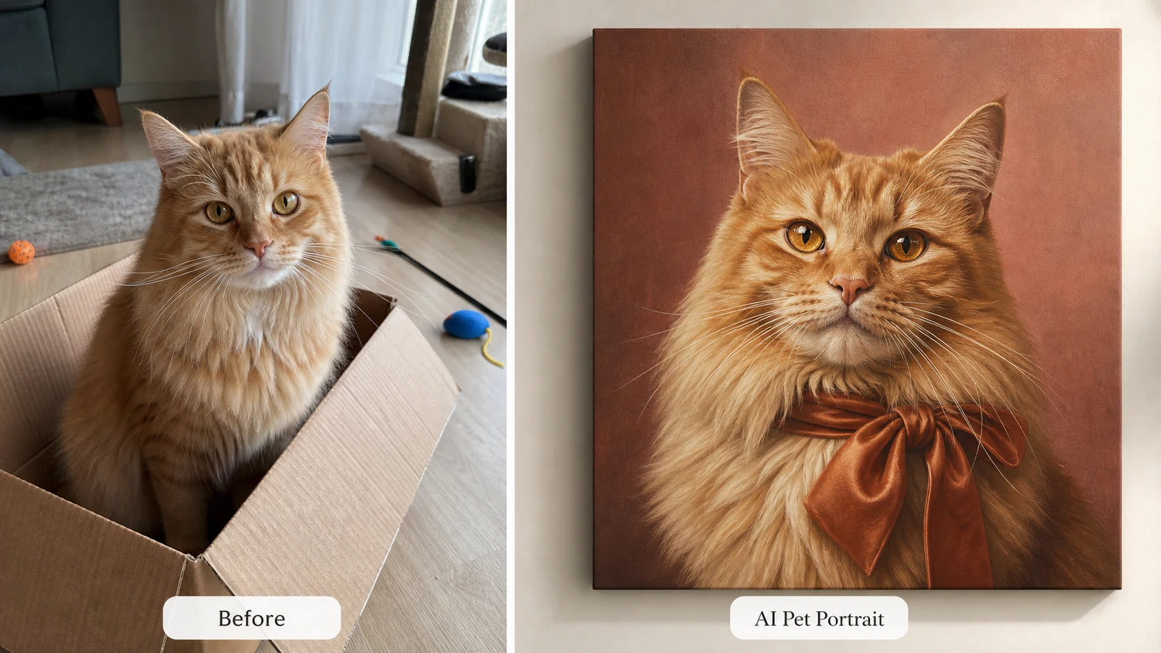 Pet portrait AI example showing a ginger cat transformed into a terracotta gallery portrait