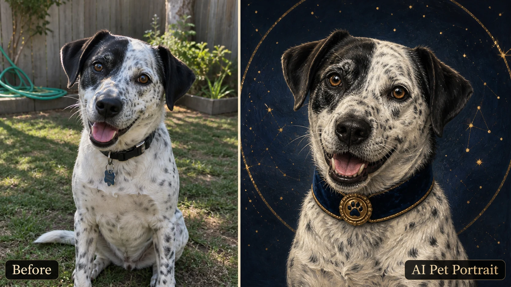 AI pet portrait generator example showing a spotted rescue dog transformed into navy wall art
