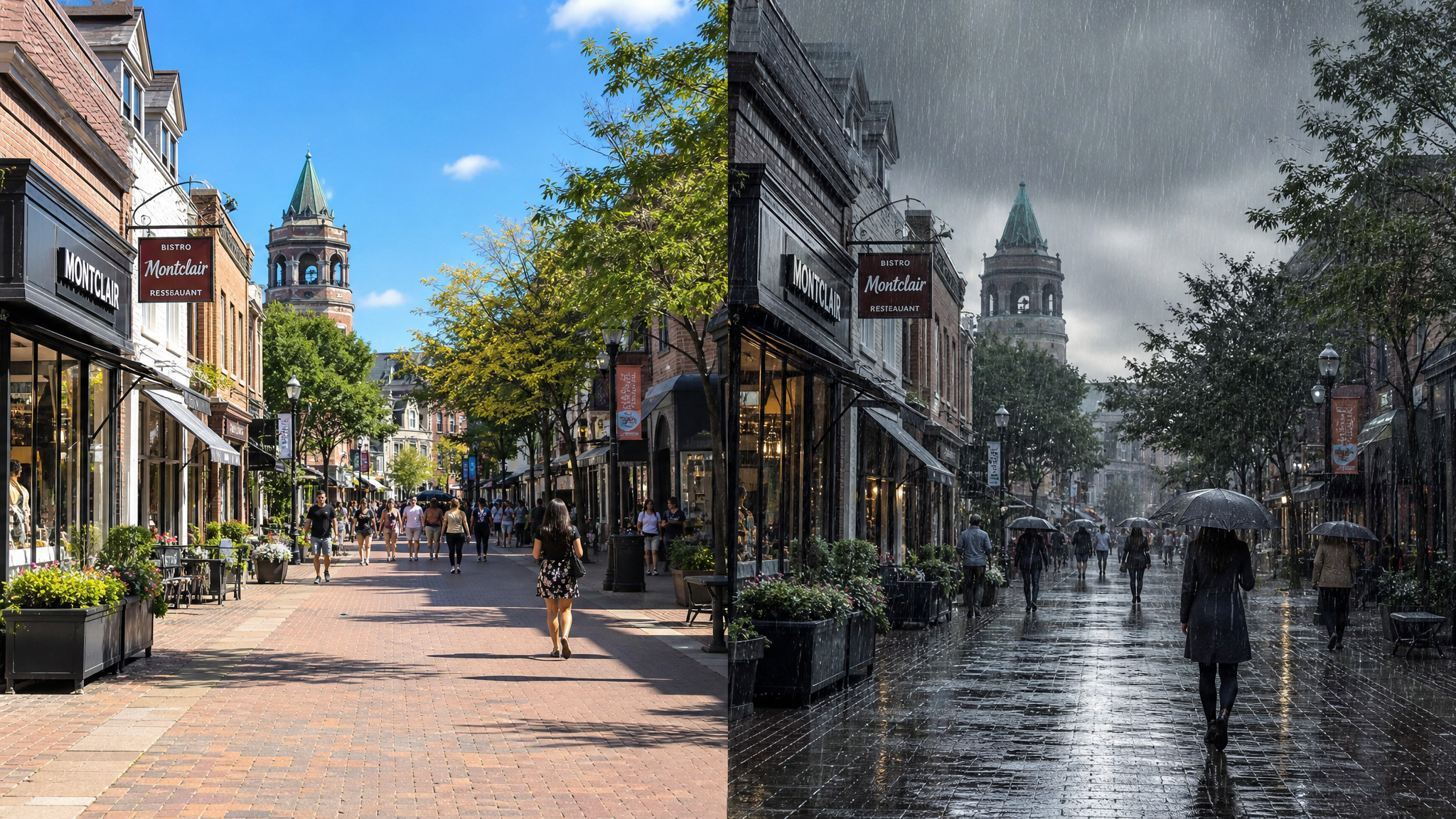 AI rain effect creative gallery showing a city plaza with wet reflective ground mirroring buildings and moody sky.