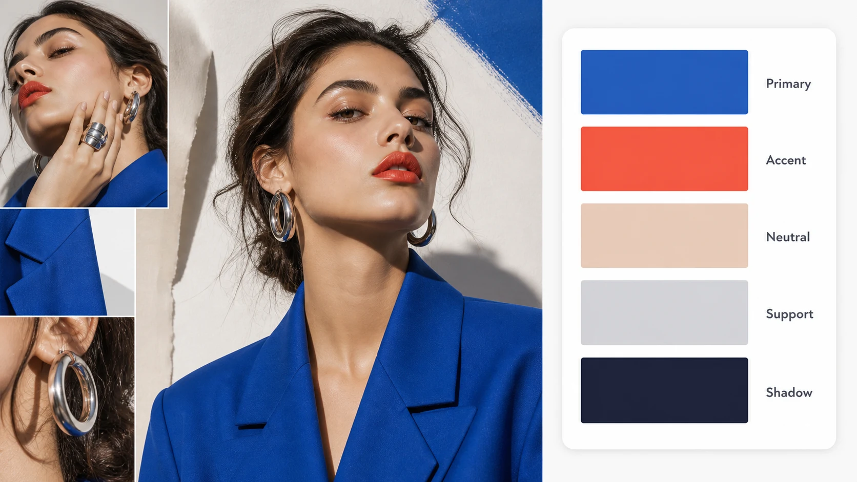 Color palette by image fashion example with a right-side palette card and five role-labeled swatches