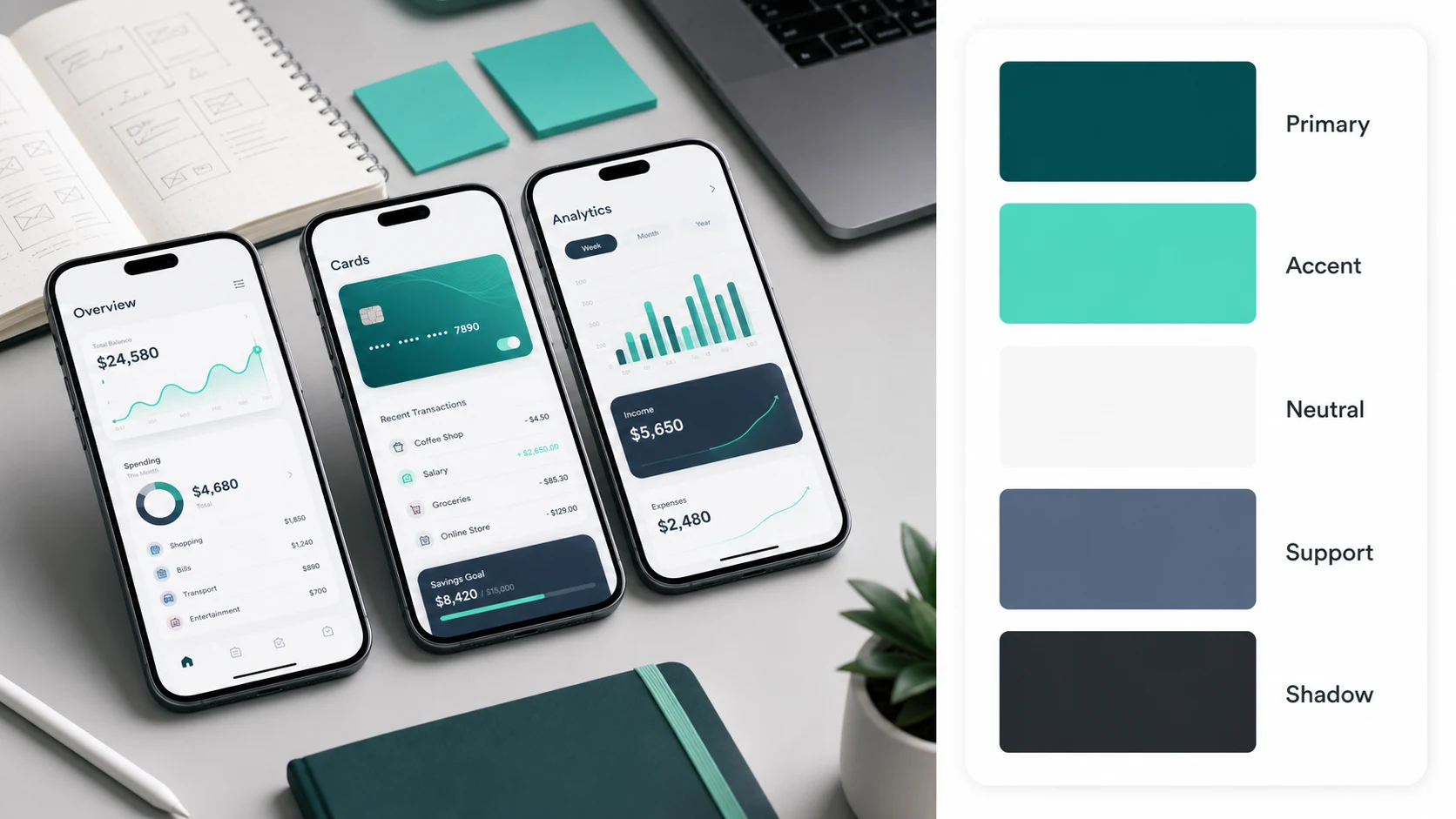 Color palette by image UI moodboard example with five role-labeled swatches and no technical color values