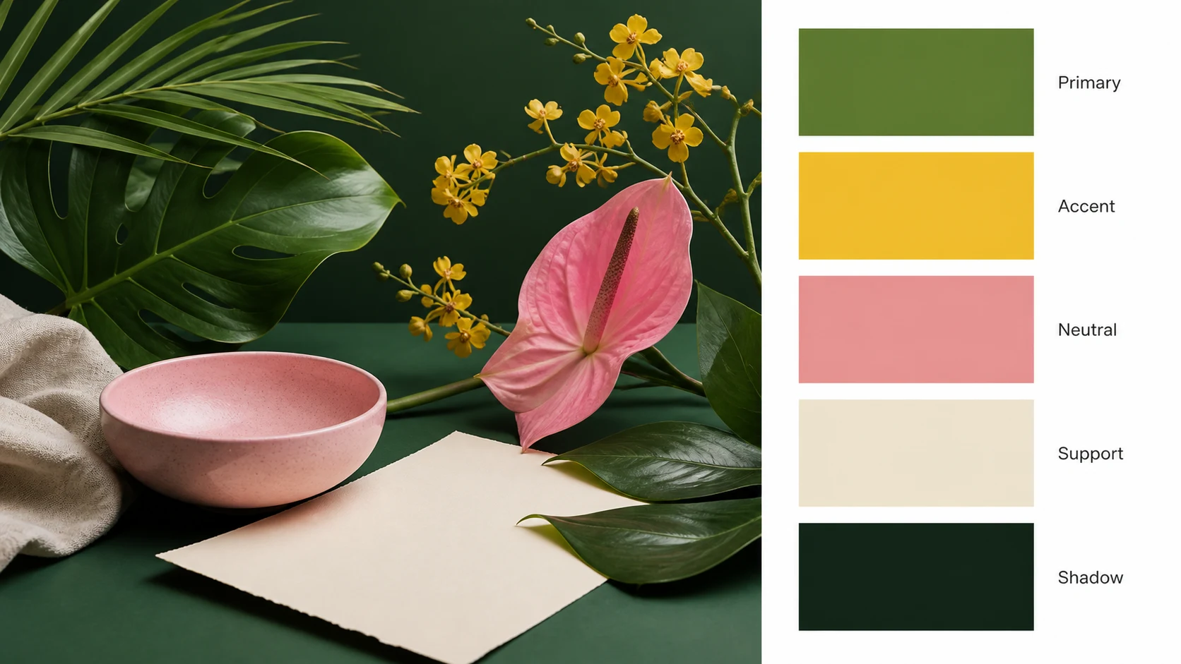 Color palette by image botanical moodboard example with a clean right-side five-swatch palette card