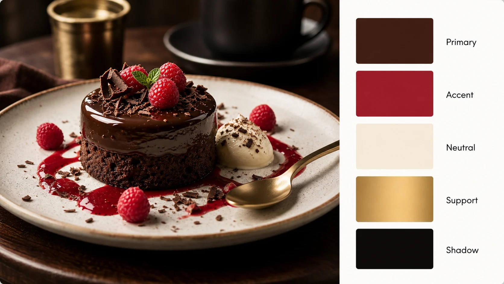 Color palette by image food photography example with five role-labeled swatches