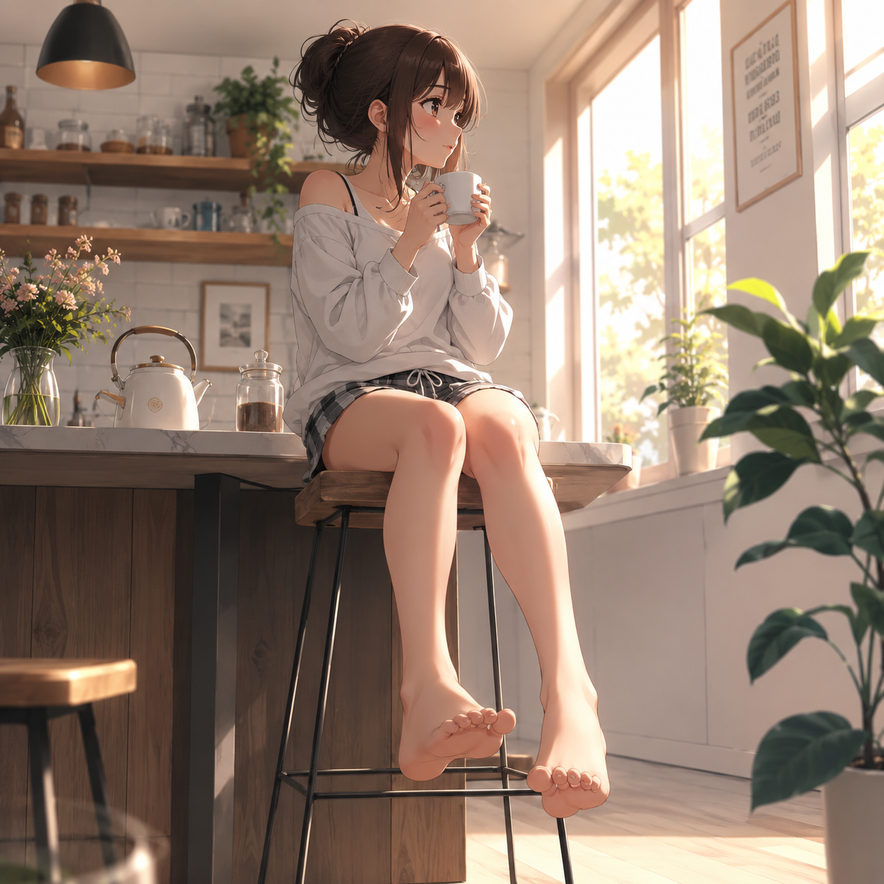 Anime feet image of a girl on a stool with dangling bare feet in morning light