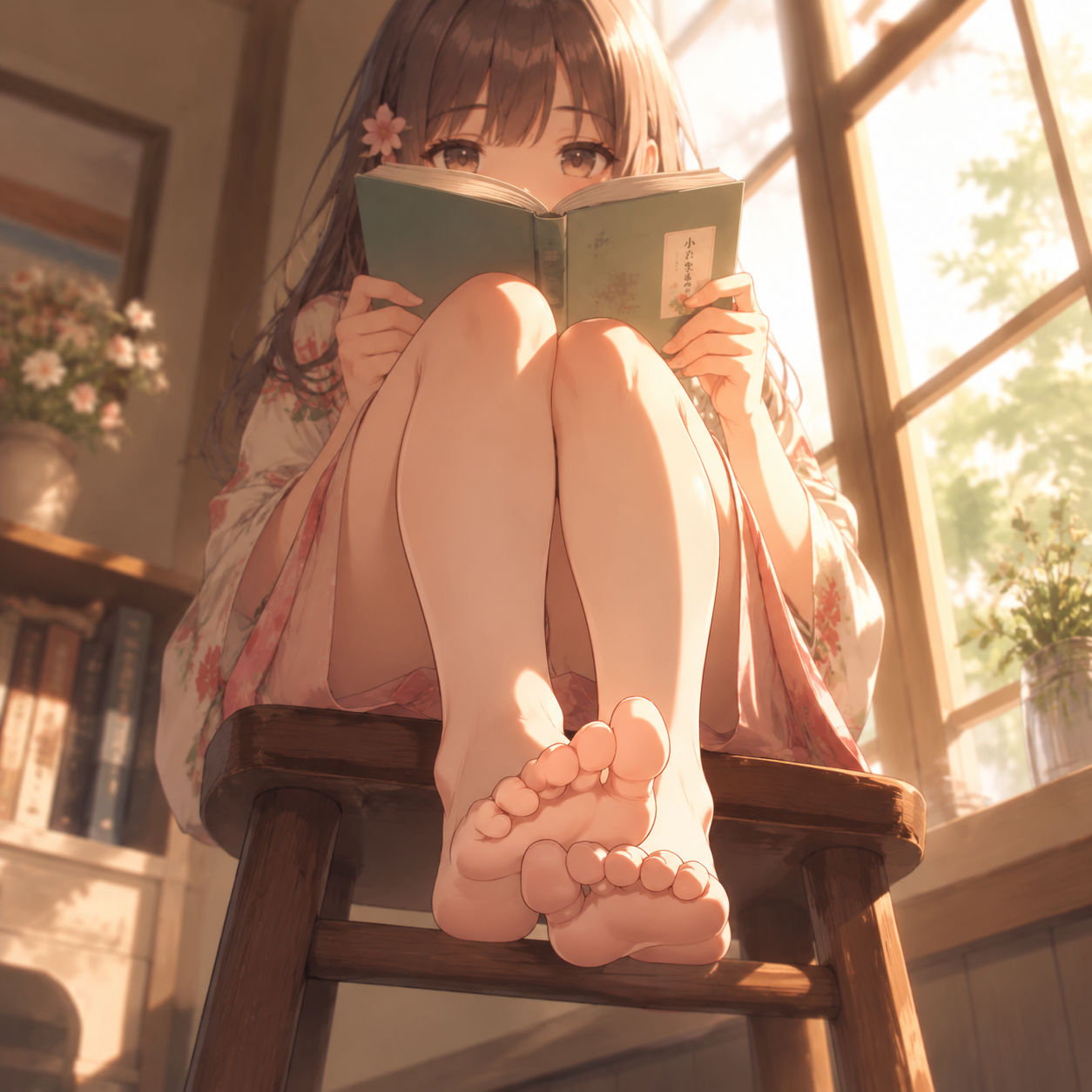 Anime feet image of a girl sitting on a stool reading a book with bare feet