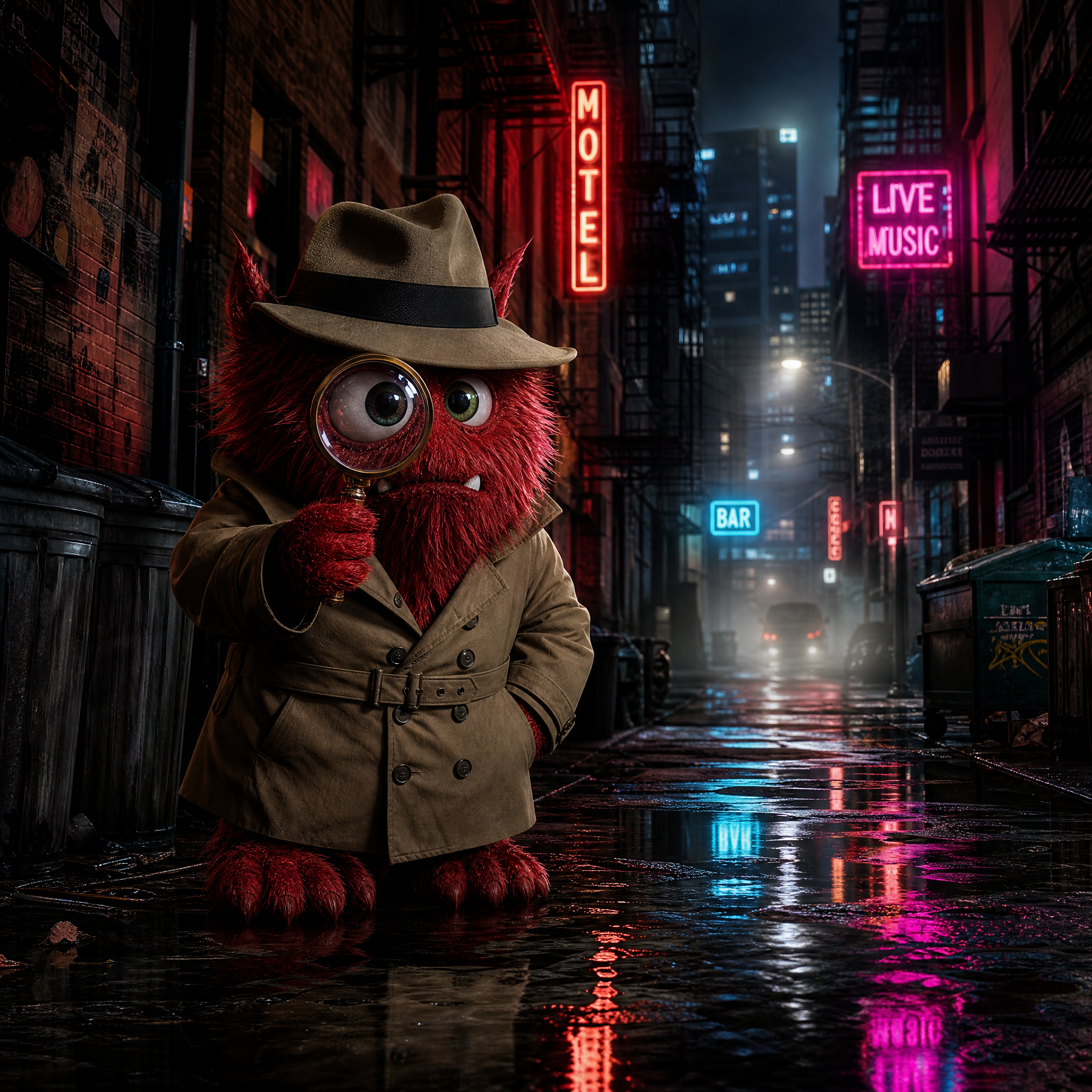 Goofy AI images example with a detective character in a noir interrogation room