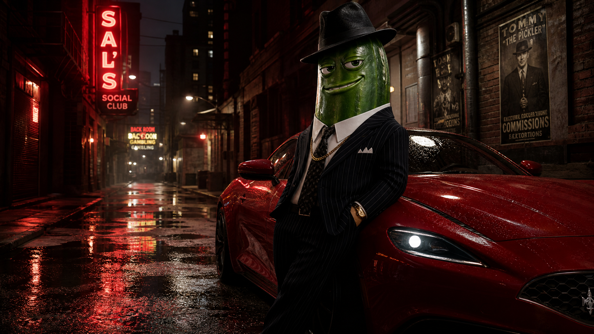 Goofy AI images example with a cucumber gangster standing in a noir alley