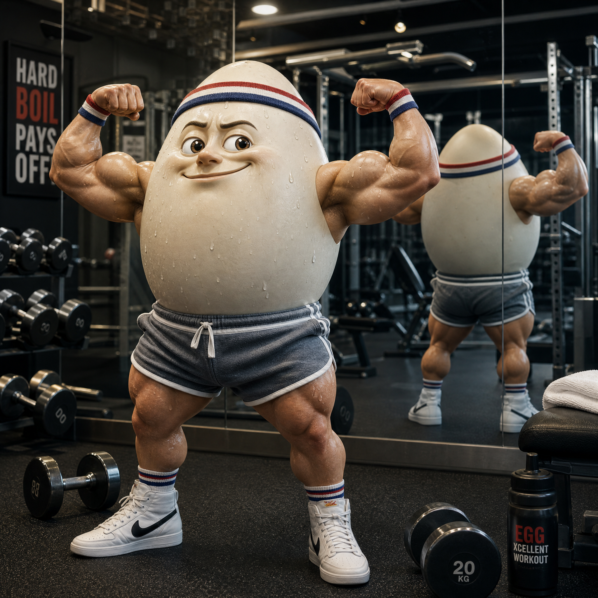 Goofy AI images example showing a buff egg lifting weights at a tiny gym