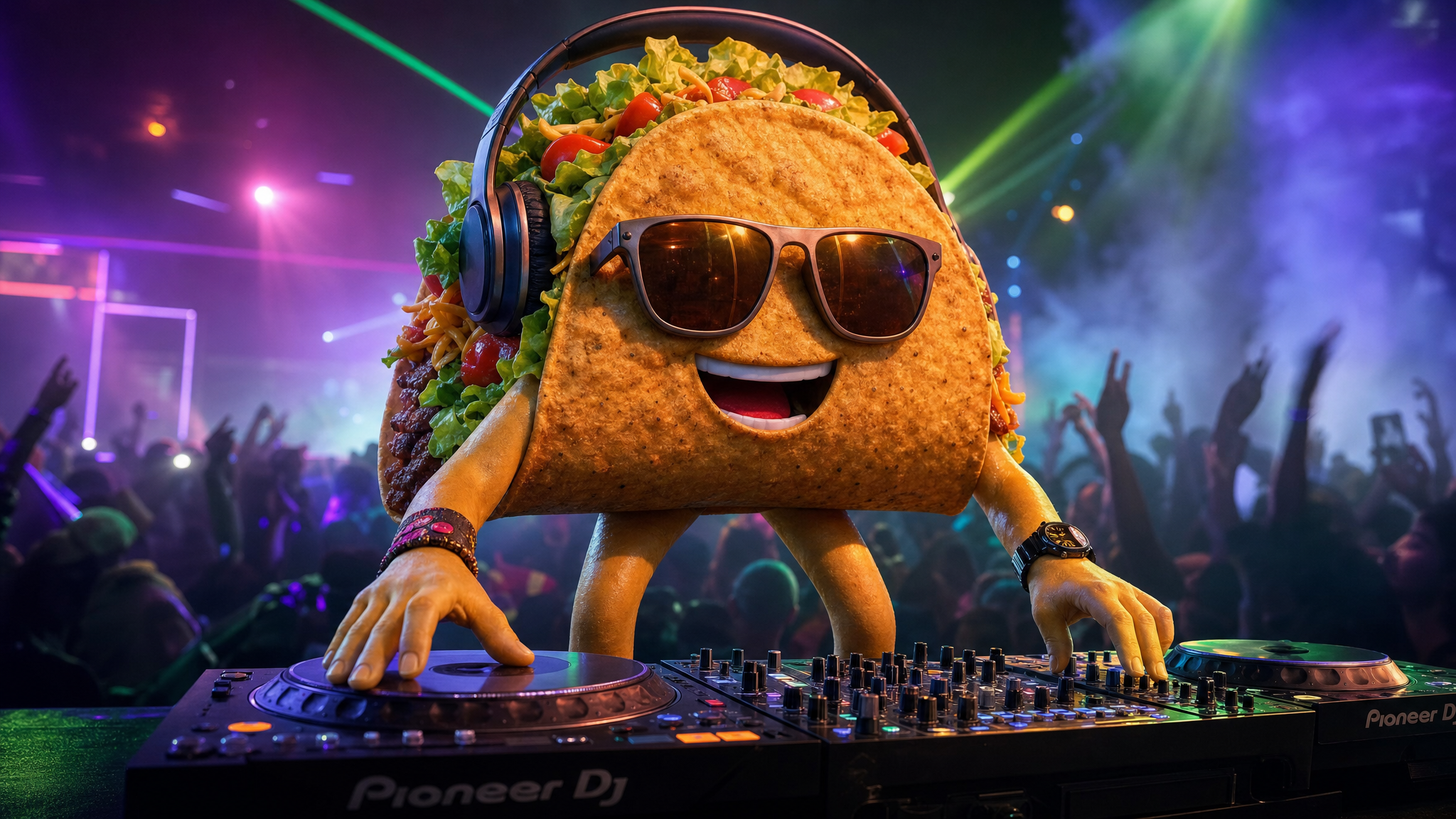 Goofy AI images showcase with a taco DJ at a neon nightclub