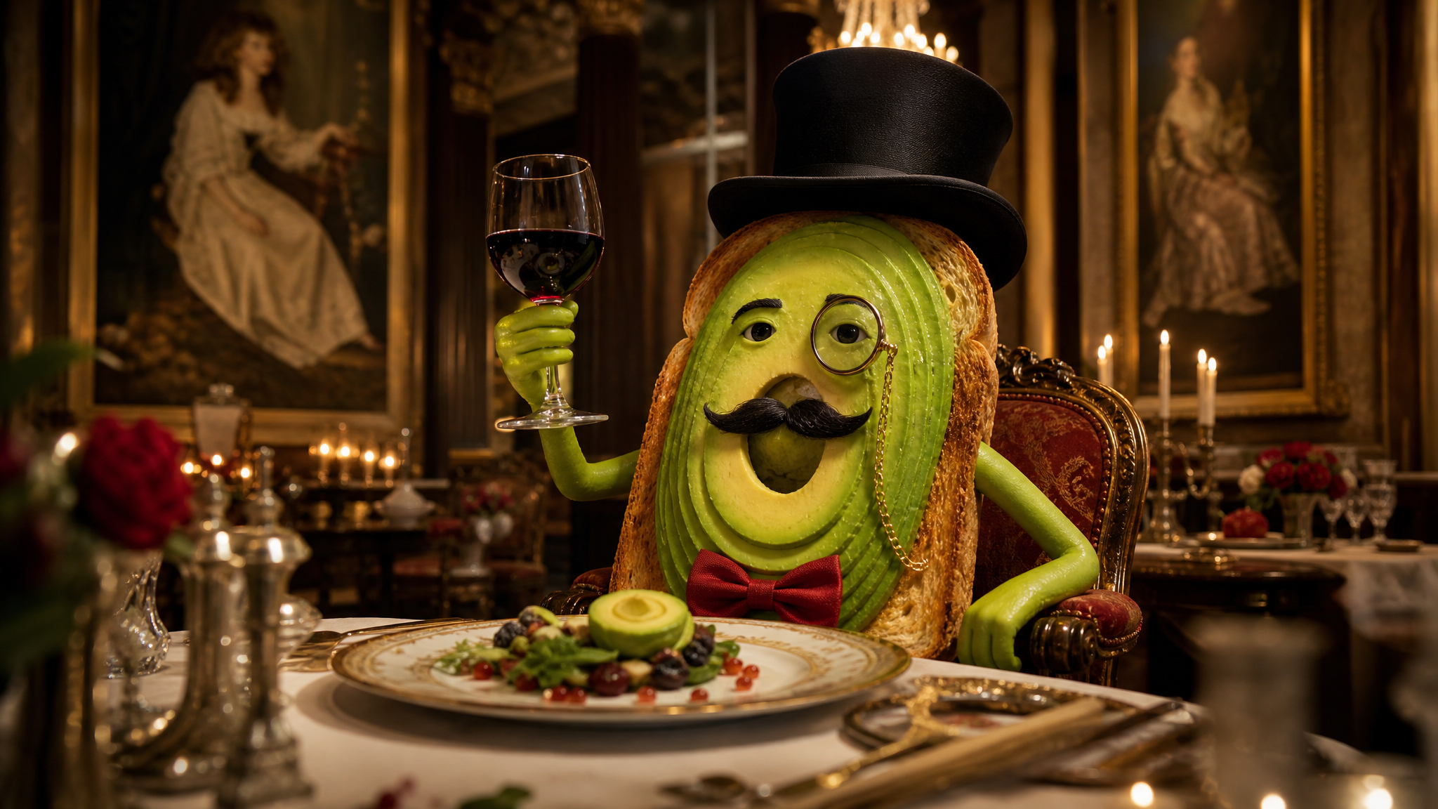 Goofy AI images showcase with an avocado aristocrat in a Victorian parlor