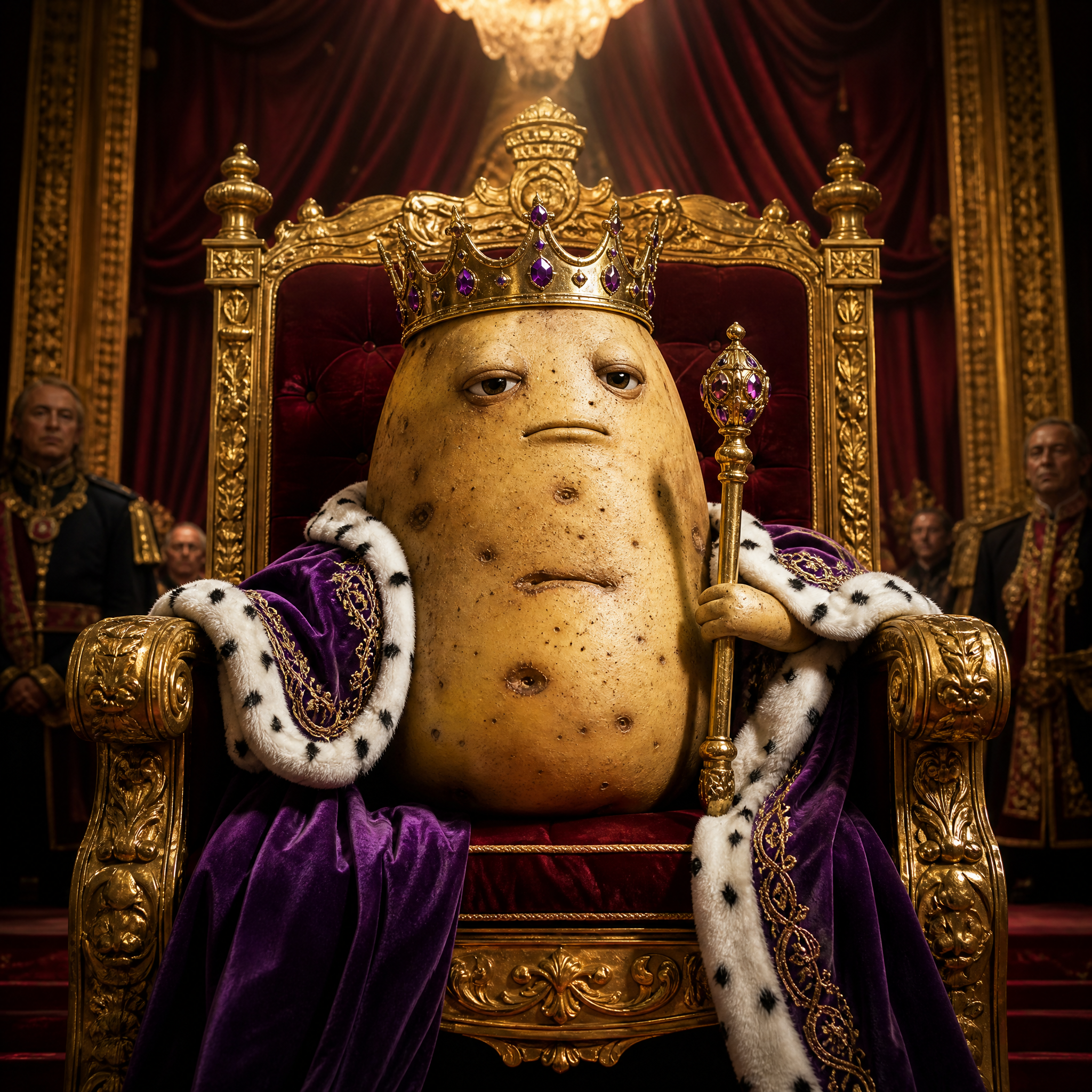 Goofy AI images showcase with a potato king on a french fry throne
