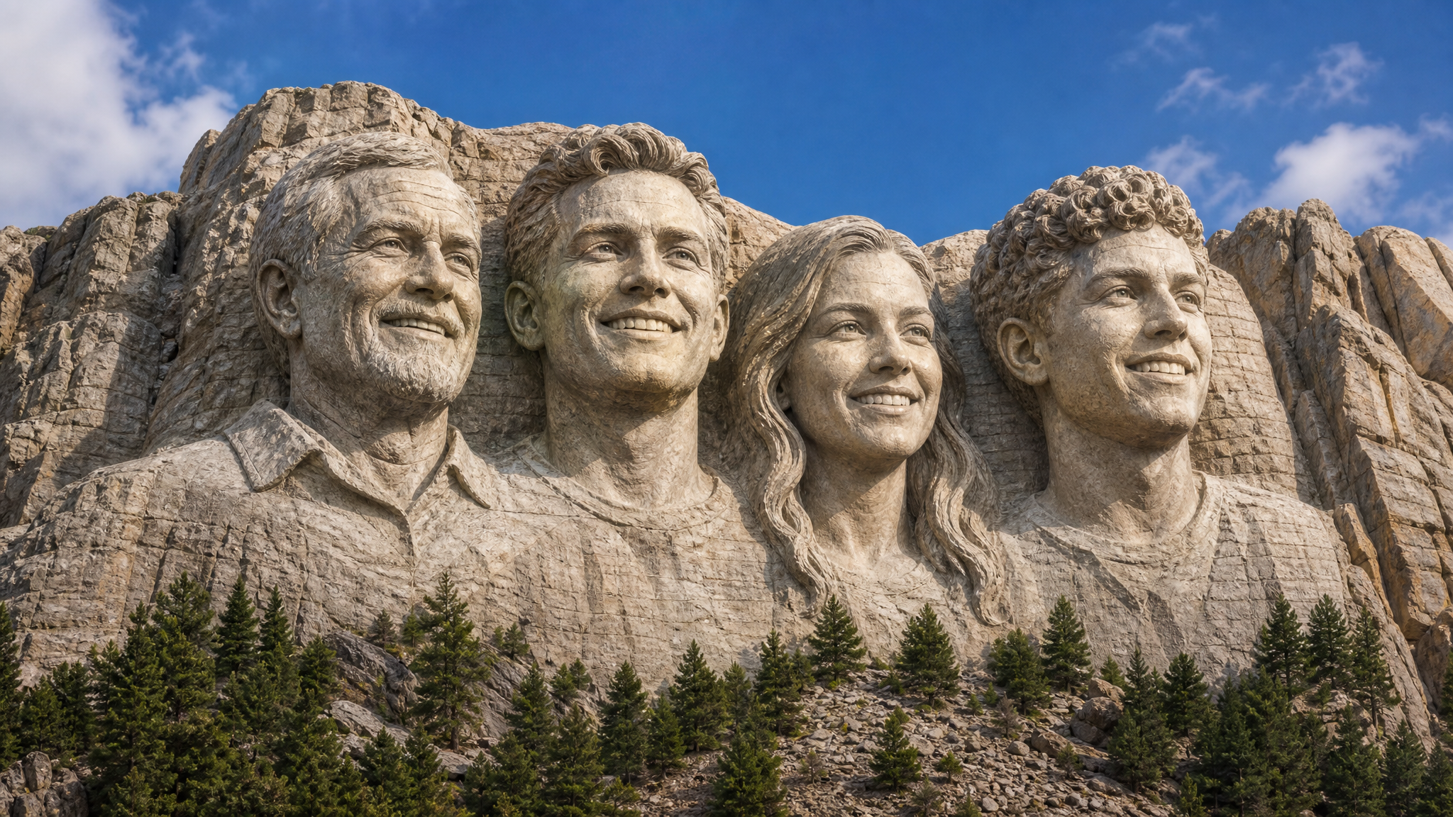 Mount Rushmore maker online free showcase with four fictional family portraits carved into granite