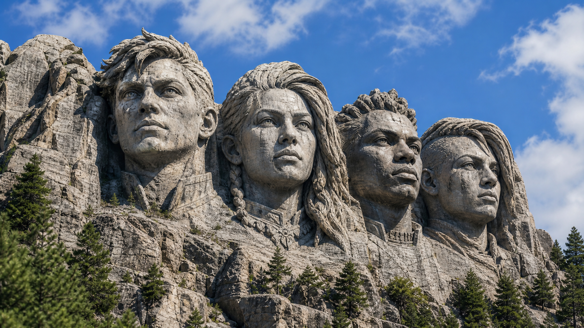 Mount Rushmore image generator showcase for a fictional creator squad monument