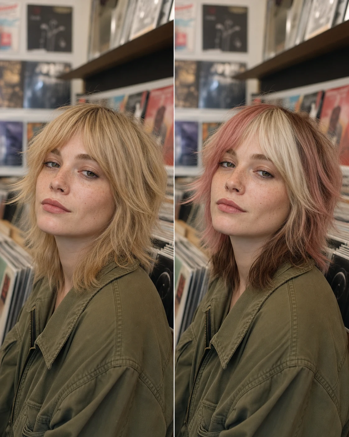 Neapolitan color blocking hair filter on a short shag with strawberry pink vanilla blonde and chocolate brown sections