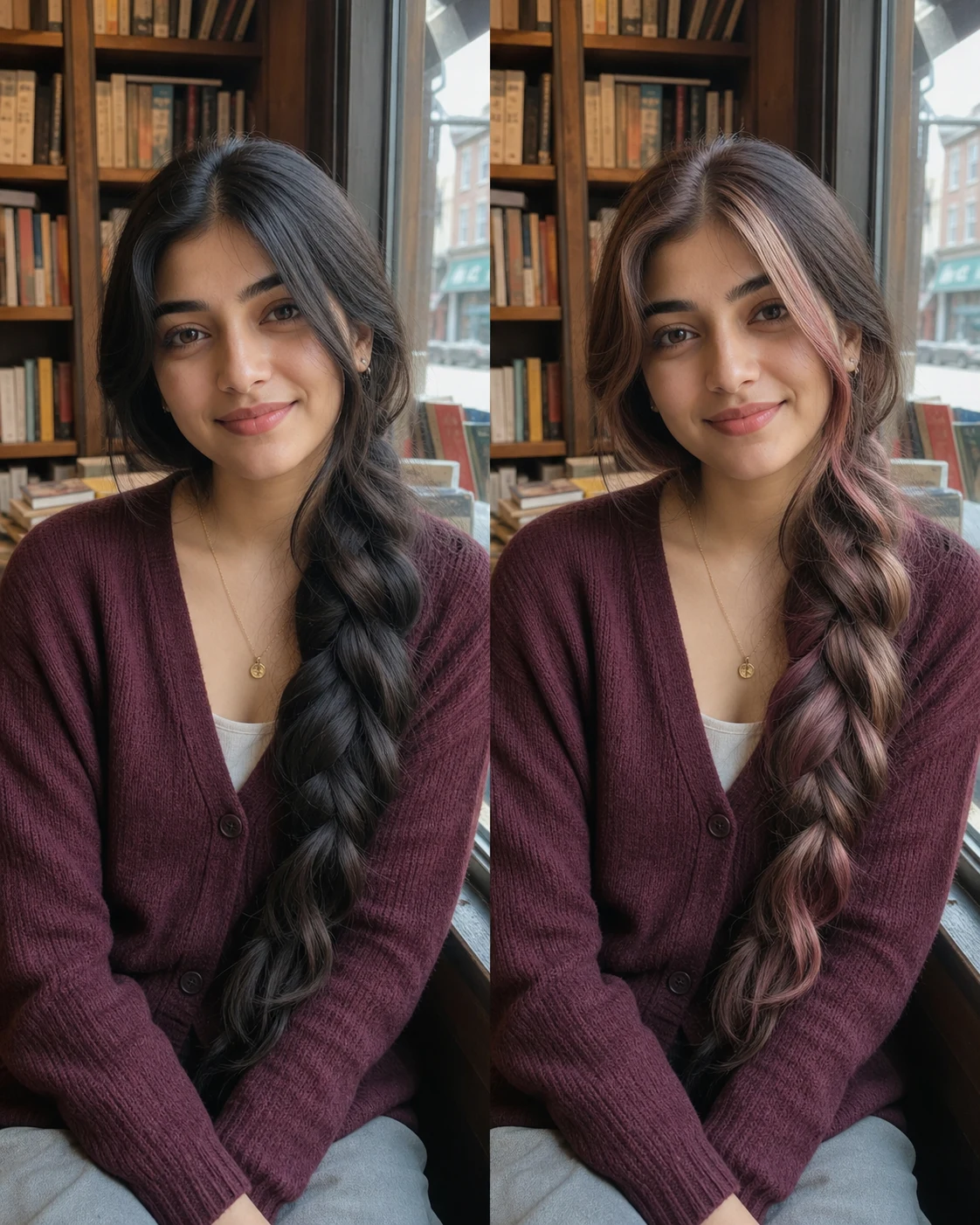 Neapolitan hair ribbons filter on a long braid with pink brown blonde salon color