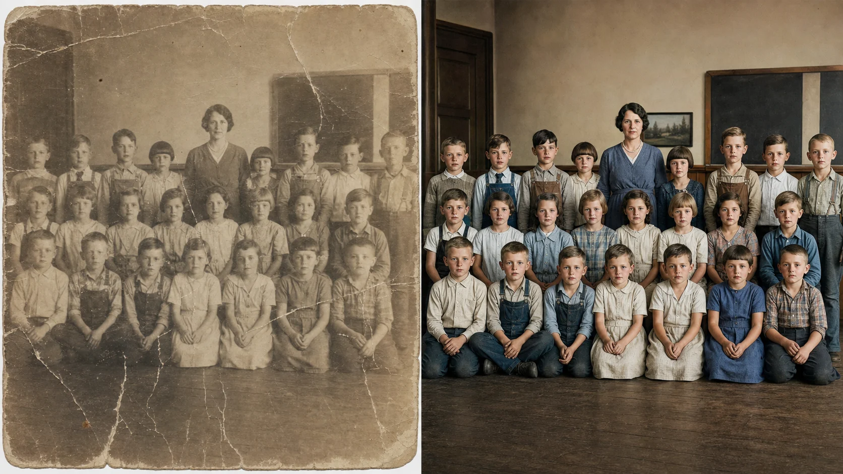 Old photo restorer online restoring a scratched school class portrait
