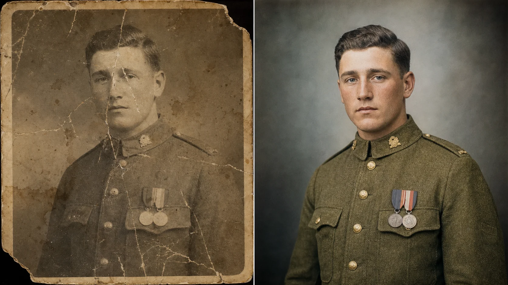 AI old photo restorer repairing and colorizing a damaged cabinet card portrait