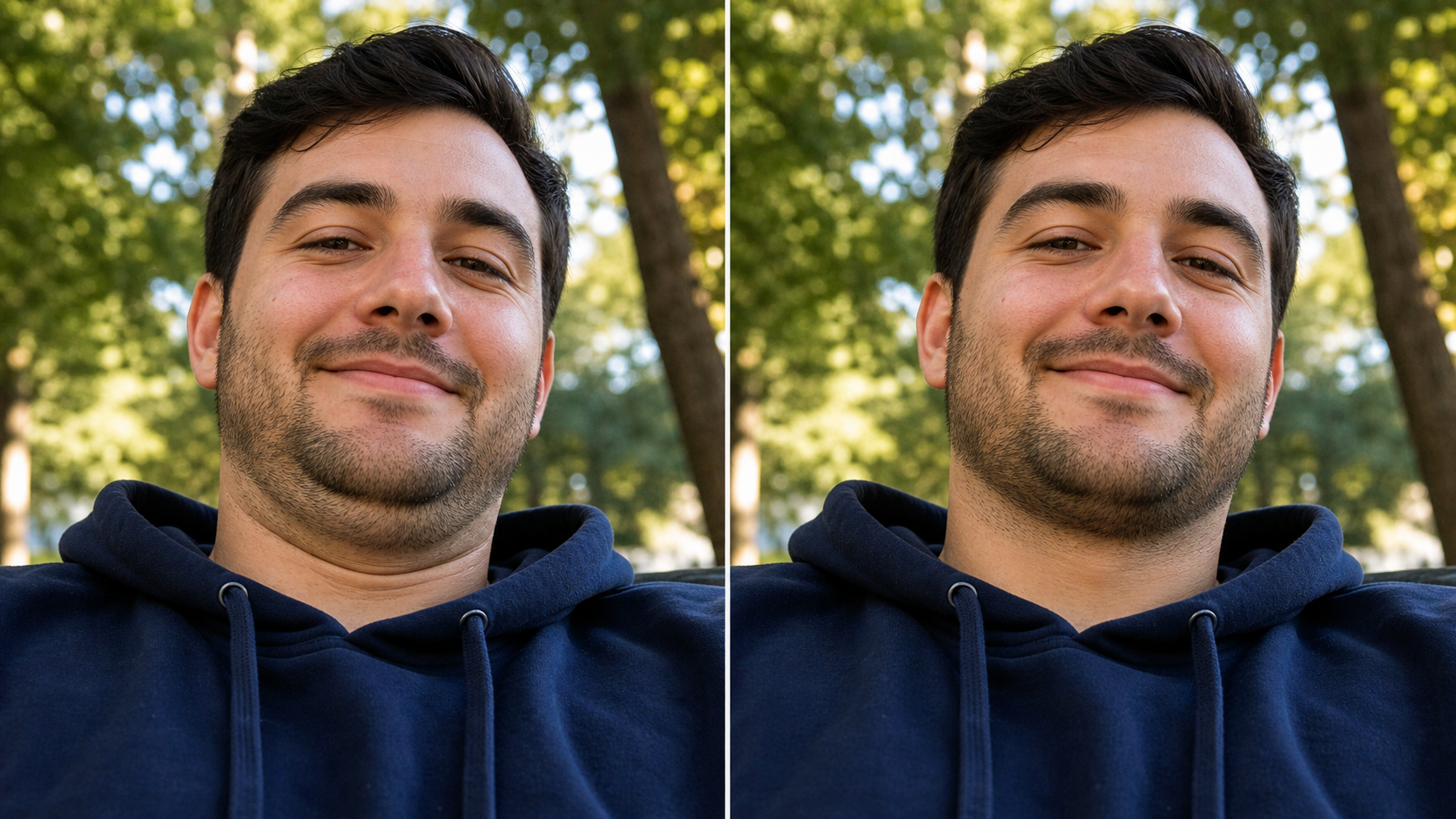 Get rid of double chin in photo while preserving the same man and natural park lighting