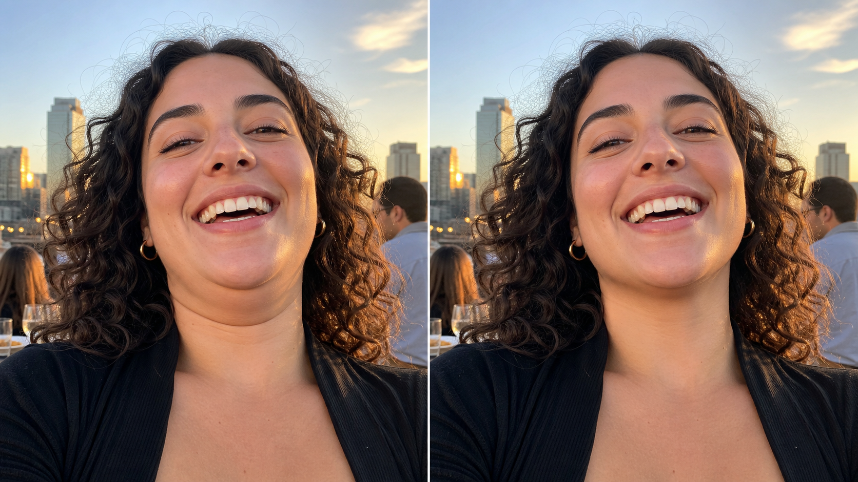 Edit double chin out of photo naturally while keeping the same smile and sunset rooftop scene