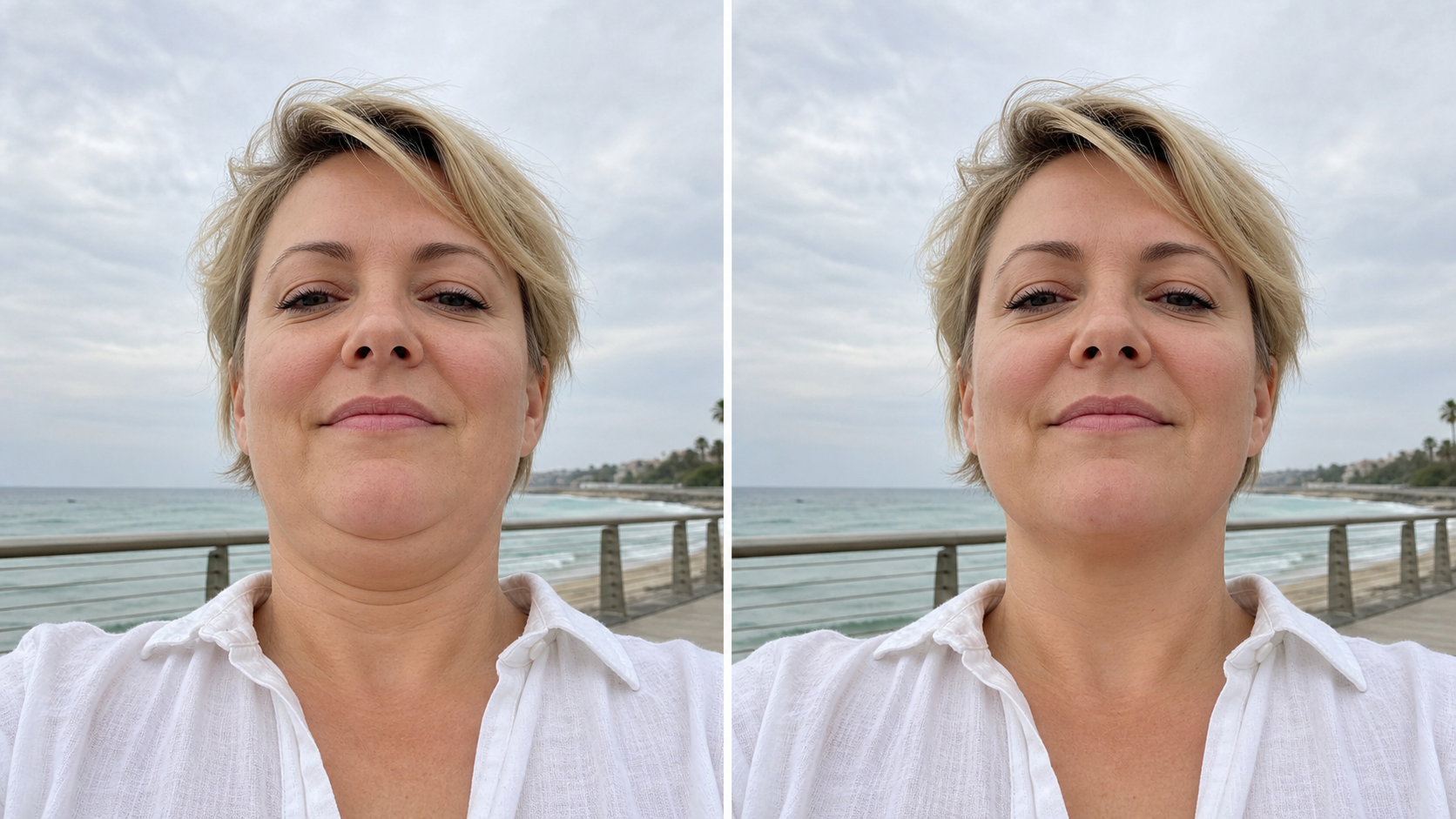 Remove double chin in photo online from a casual beach boardwalk portrait