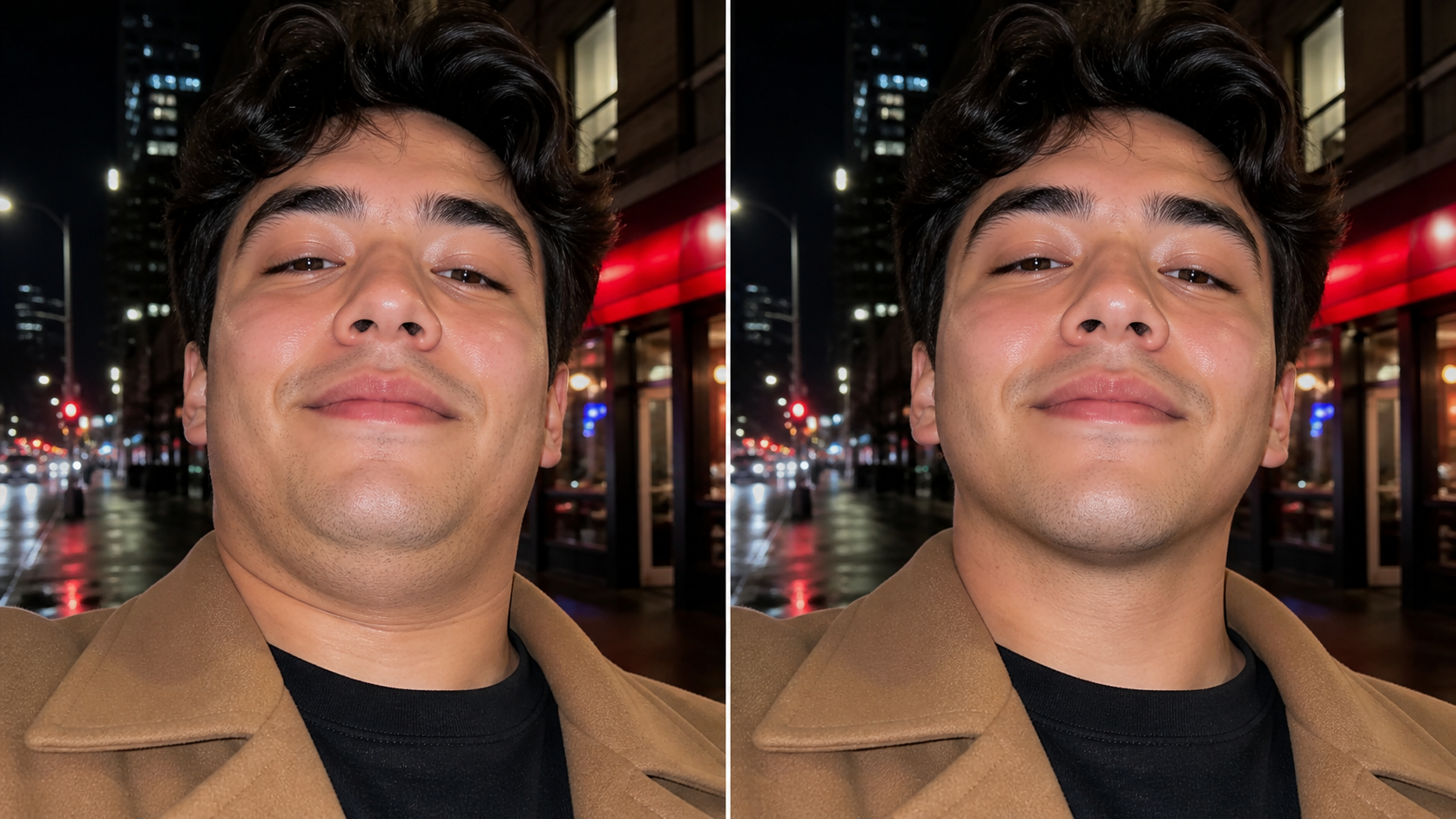 Fix double chin in photo from a low phone angle while preserving city night lighting