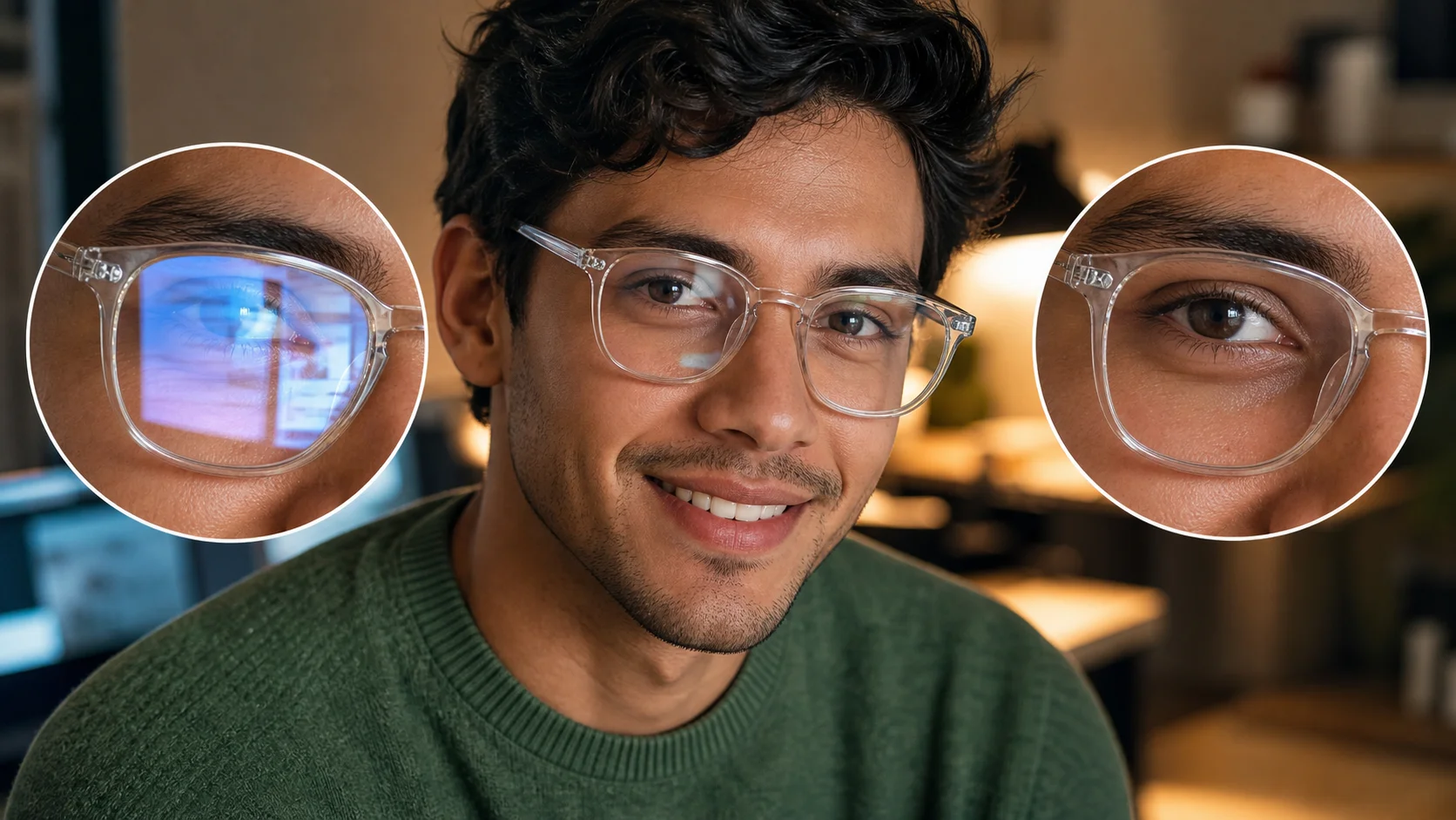 Window light portrait with glasses glare removed showing preserved warm natural atmosphere