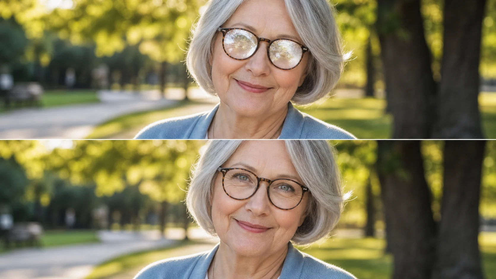 Natural eye expression restored after AI glasses glare removal showing emotional connection