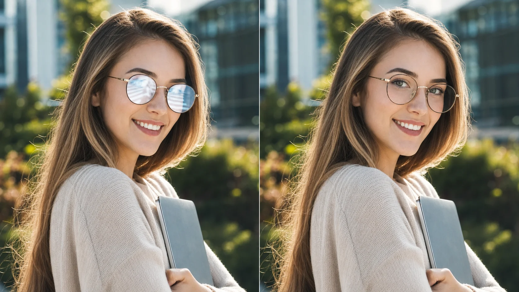 Warm portrait atmosphere preserved after AI glare removal showing natural color and mood