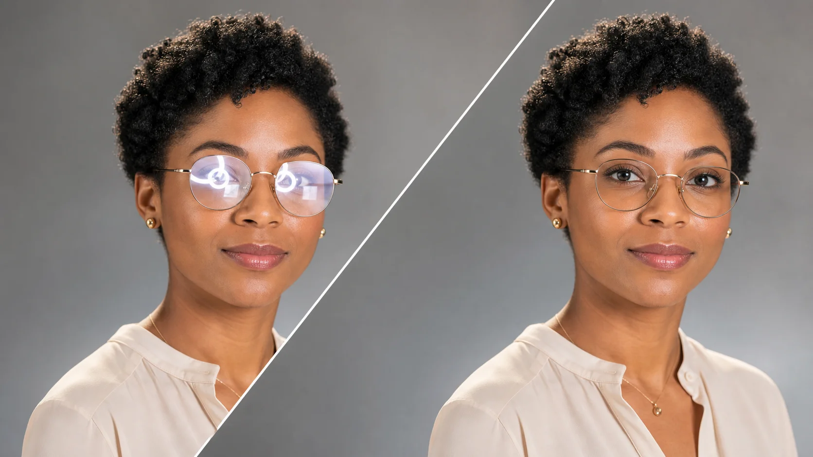 Soft natural finish after removing glasses glare showing seamless blend with original photo