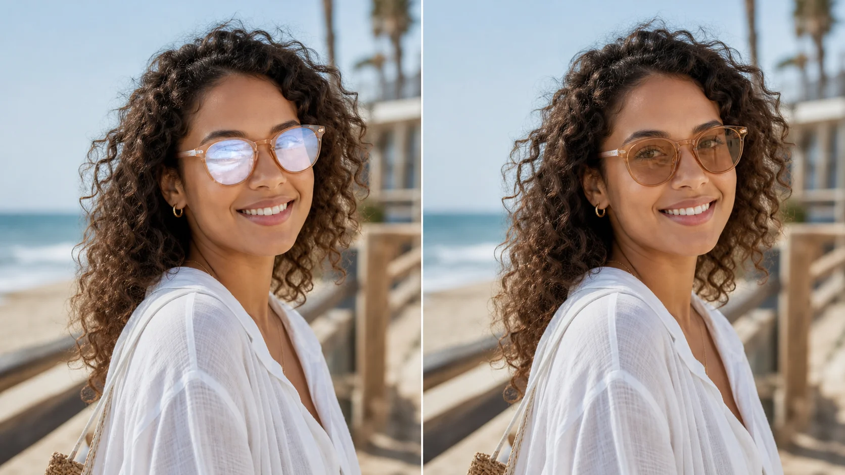 Video call screenshot with screen glare on glasses restored to a natural connected portrait