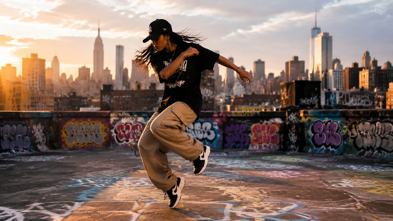 Street hip-hop dancer on rooftop at golden hour for Seedance 2.1