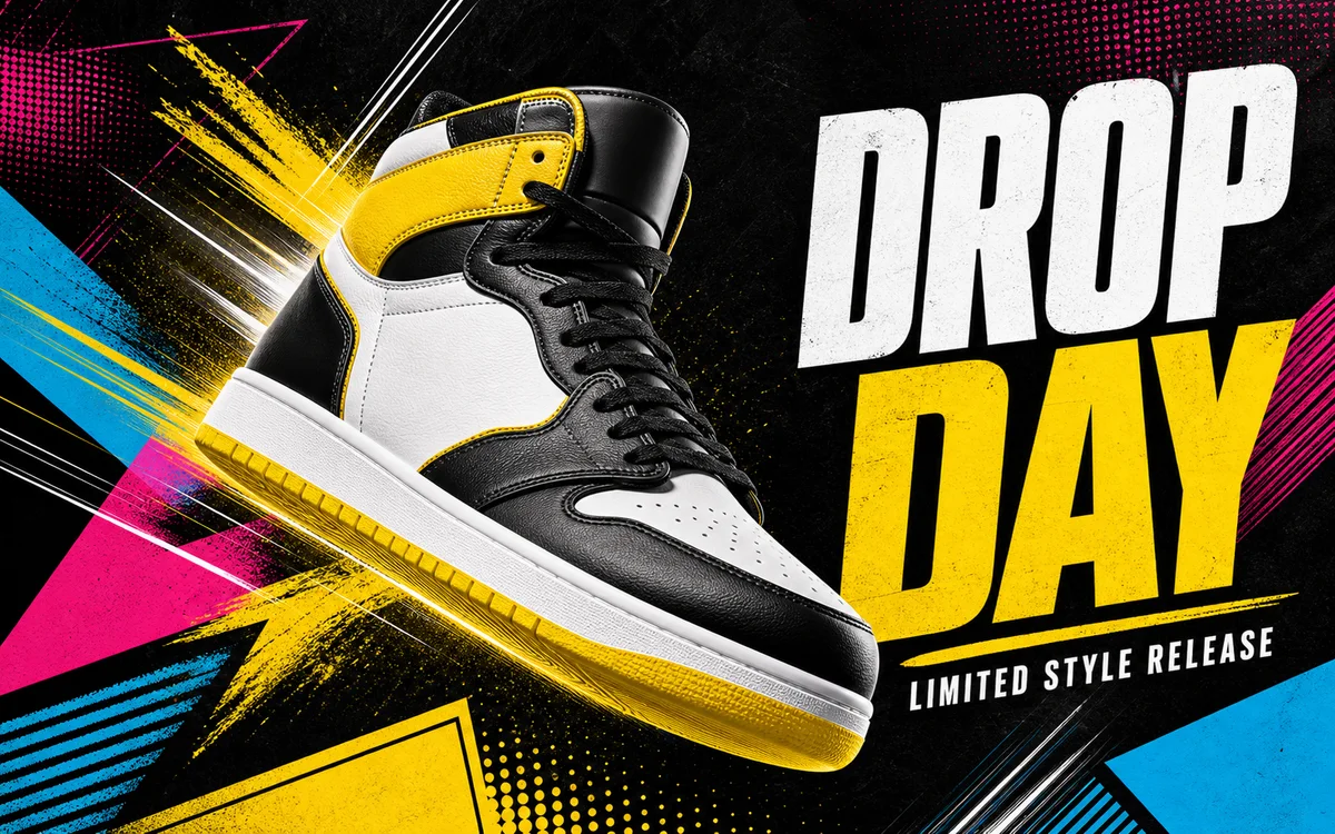 Limited release shoe poster design with high-tension drop-day mood