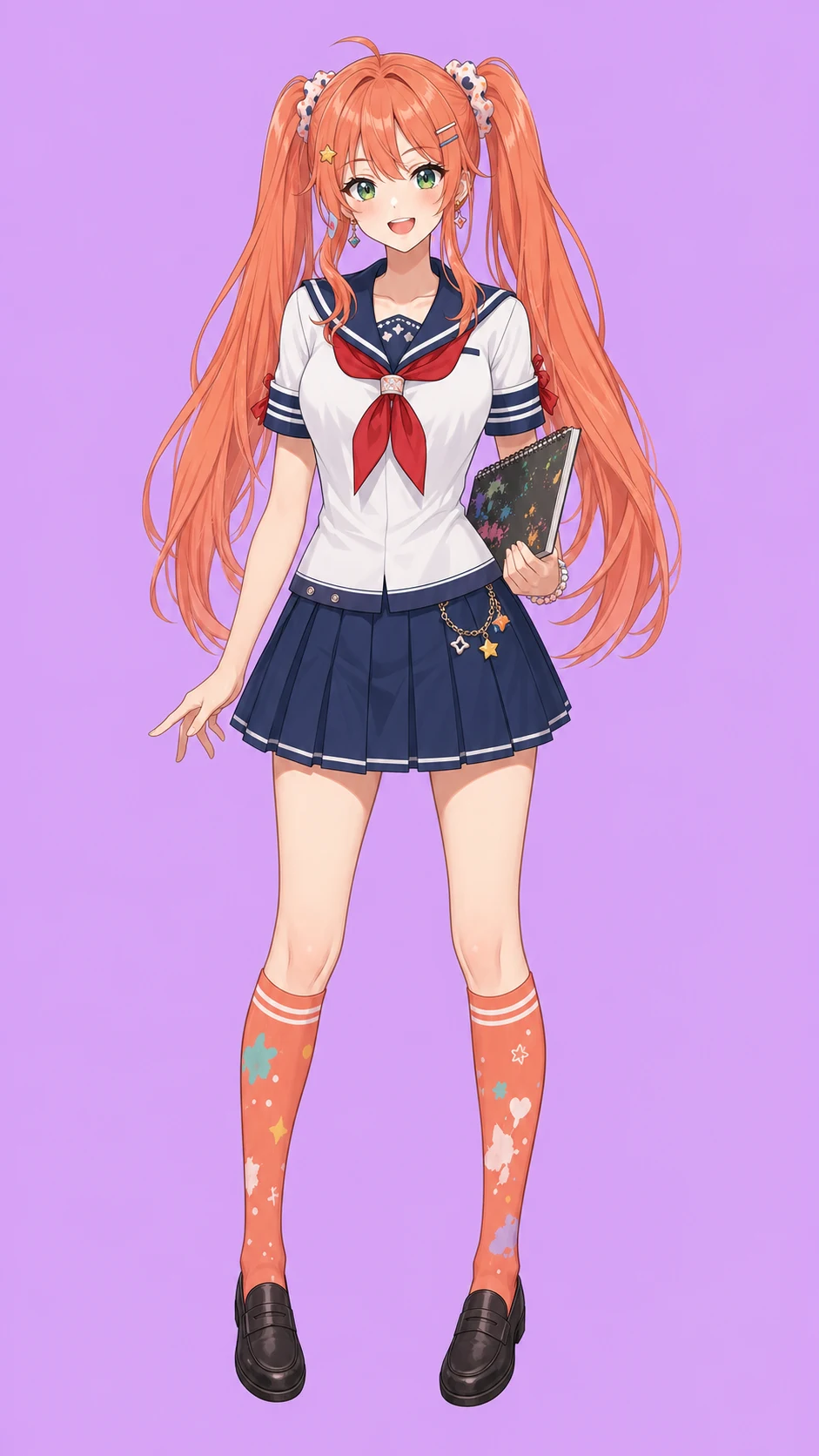 Yandere simulator oc hair idea with one original coral twin-tail academy OC on a solid lavender background