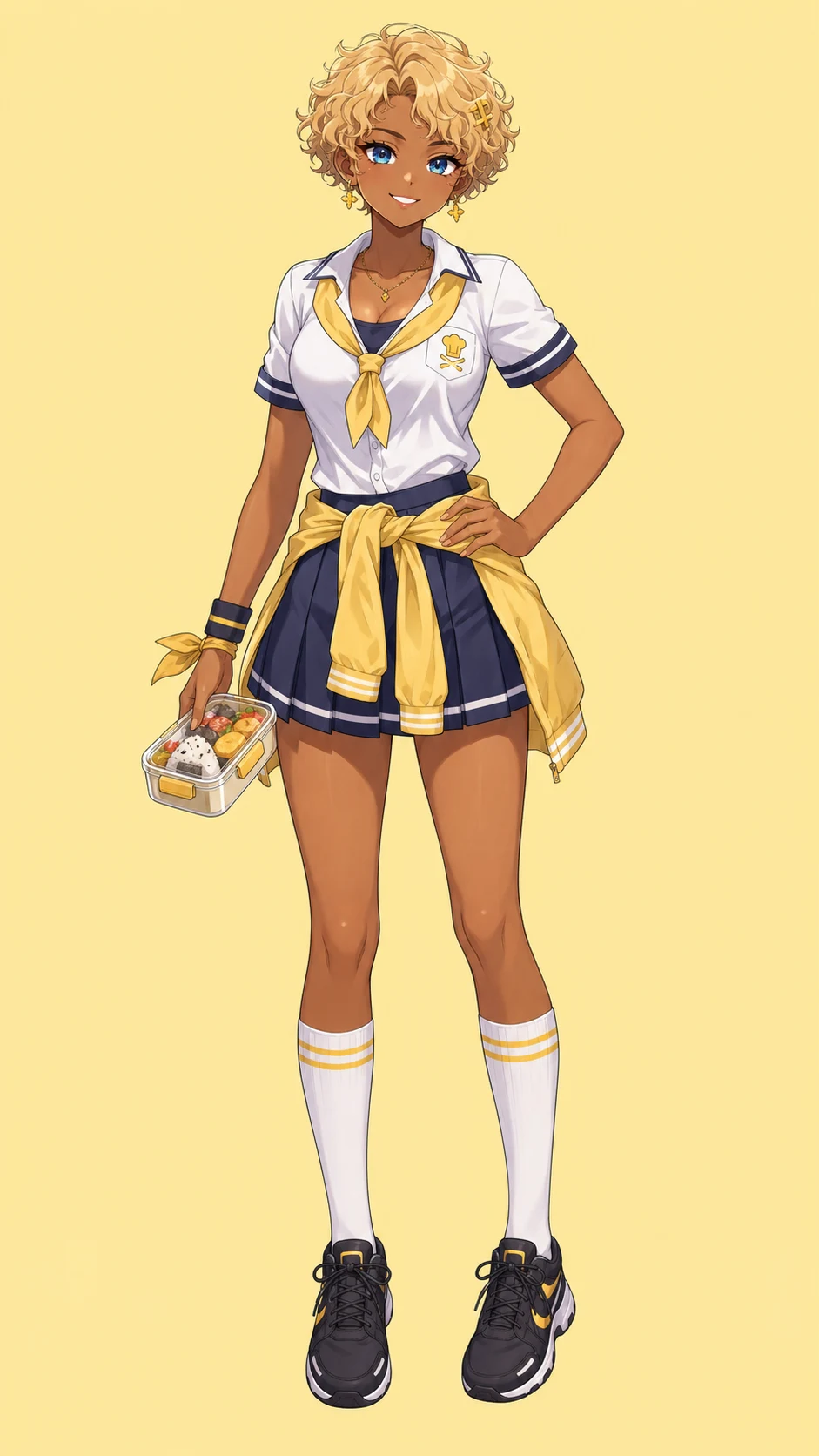Yandere simulator custom oc example with one original sporty cooking club academy OC on a solid yellow background